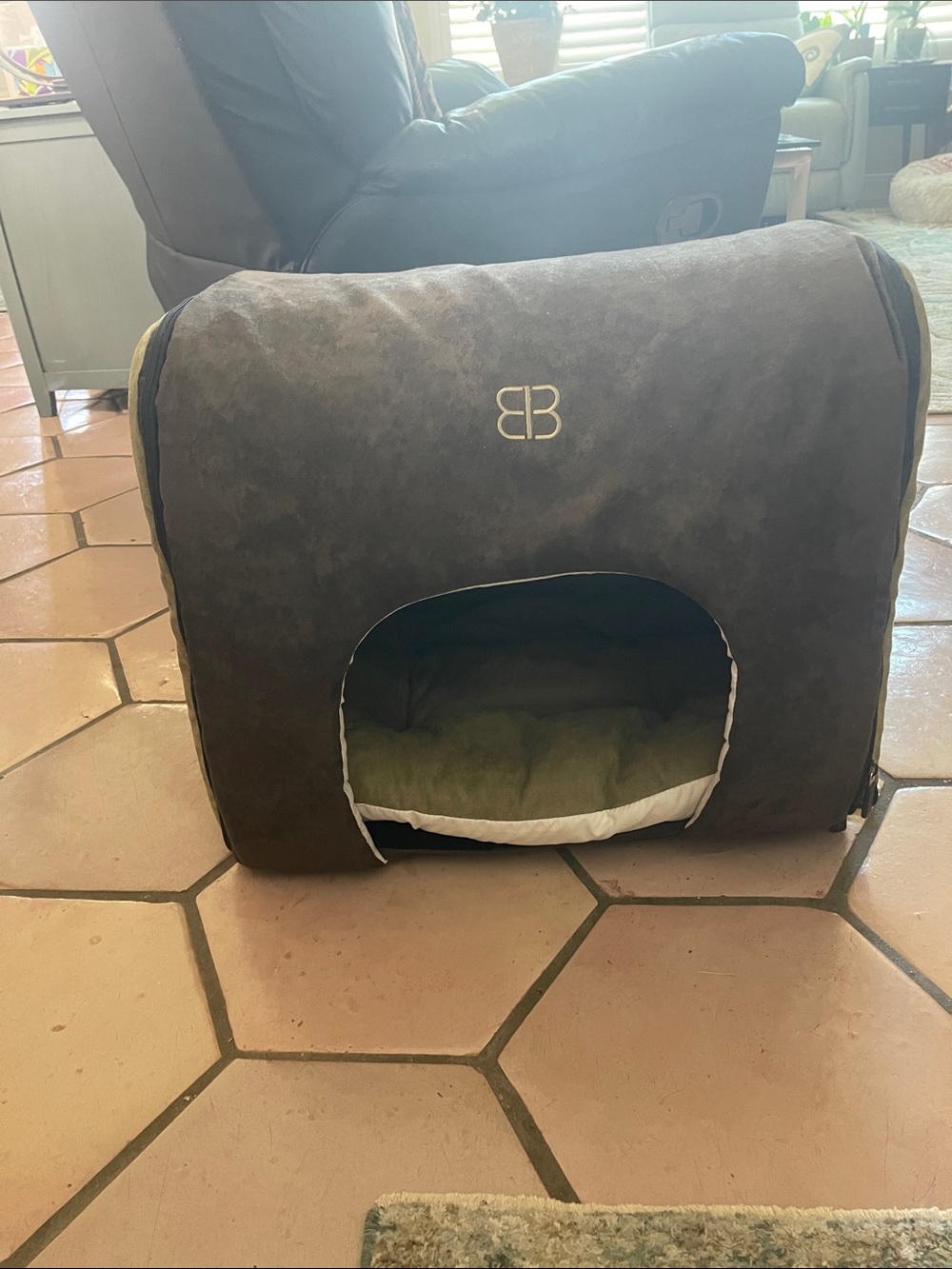 Plush Indoor Dog Cave Bed with Green Cushion - BB Logo